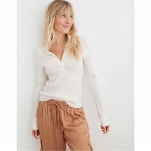 Aerie‎ Fireside Long Sleeve Henley T-Shirt White Small Ribbed Cozy Y2K